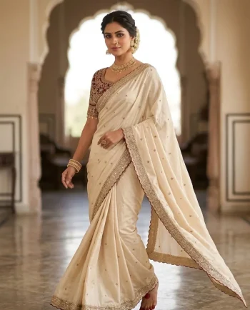 DESIGNER RANGOLI SILK SEQUENCE AND ZARI EMBROIDERY WITH MULTI ARC BORDER WORK SAREE WITH STITCHED BLOUSE CREAM