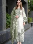 DESIGNER ROMAN GLASS EMBROIDERY THREAD WORK TOP PALAZZO WITH DUPATTA WHITE AND GREEN