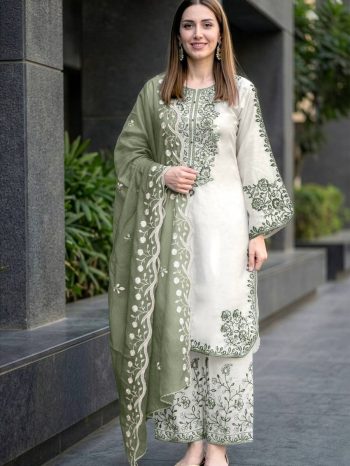 DESIGNER ROMAN GLASS EMBROIDERY THREAD WORK TOP PALAZZO WITH DUPATTA WHITE AND GREEN