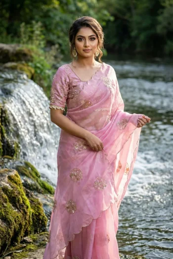 DESIGNER SPACE SILK EMBROIDERY BEADS WORK HEAVY BUTTA WITH TONE ARC WORK SAREE WITH STITCHED BLOUSE BABY PINK