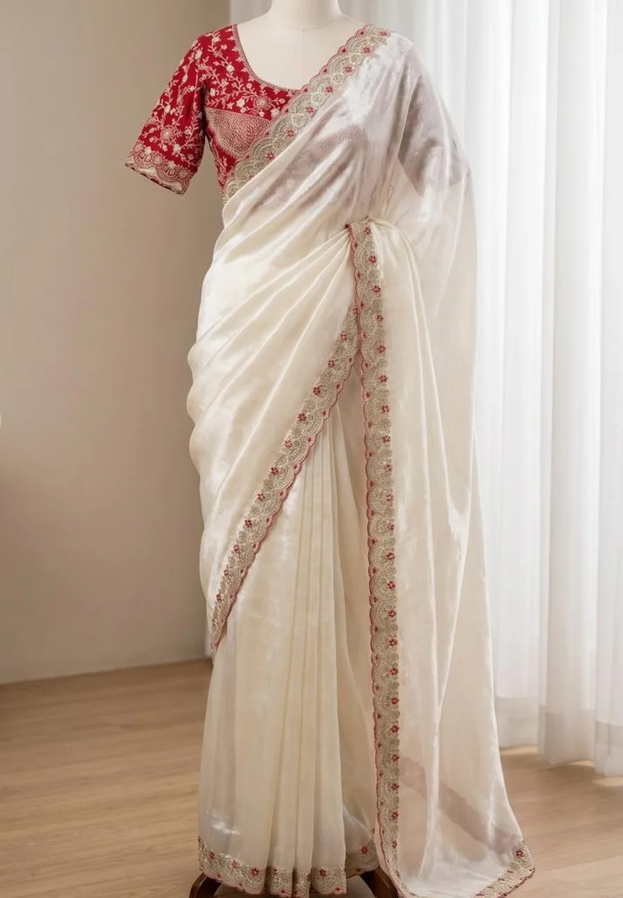 1DESIGNER SPACE SILK EMBROIDERY THREAD WORK BORDER SAREE WITH STITCHED BLOUSE WEDDING WEAR WHOLESALE PRICE ETHNIC GARMENT (19)