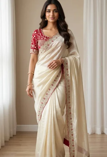 DESIGNER SPACE SILK EMBROIDERY THREAD WORK BORDER SAREE WITH STITCHED BLOUSE OFF WHITE