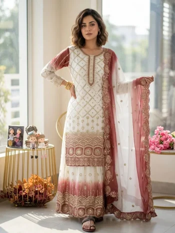 DESIGNER STAR GEORGTTE EMBROIDERY 5 MM SEQUENCE WORK TOP PALAZZO WITH DUPATTA OFF WHITE AND DUSTY ROSE