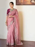 DESIGNER TISSUE SILK EMBROIDERY WITH CUTWORK SAREE WITH UNSTITCHED BLOUSE PEACH