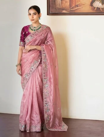 DESIGNER TISSUE SILK EMBROIDERY WITH CUTWORK SAREE WITH UNSTITCHED BLOUSE PEACH