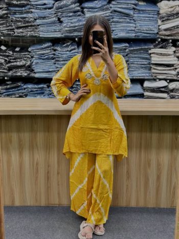 FANCY BURBERRY SILK HANDWORK CO-ORD SET YELLOW