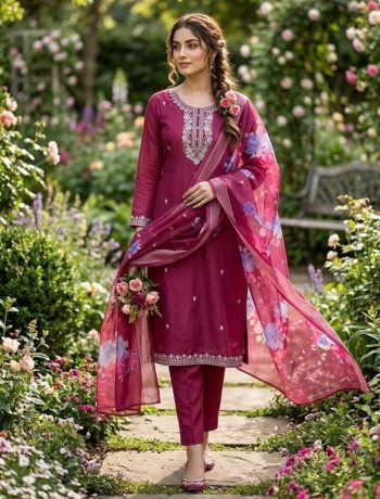 FANCY COTTON EMBROIDERY WORK TOP BOTTOM WITH DUPATTA WINE