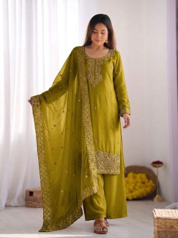 FANCY GMY SILK EMBROIDERY BEADS WORK TOP PALAZZO WITH DUPATTA PARROT GREEN