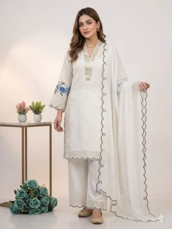FANCY MUL CHANDERI SEQUENCE EMBROIDERY WITH CUT WORK TOP PALAZZO WITH DUPATTA OFF WHITE