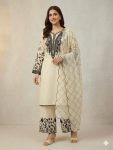 FANCY MUL COTTON SEQUENCE EMBROIDERY WORK TOP PALAZZO WITH DUPATTA OFF WHITE