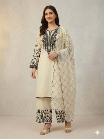 FANCY MUL COTTON SEQUENCE EMBROIDERY WORK TOP PALAZZO WITH DUPATTA OFF WHITE