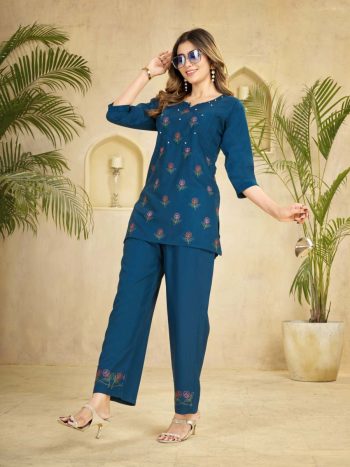 FANCY RAYON MULTI EMBROIDERY THREAD WITH HAND WORK CO-ORD SET TEAL