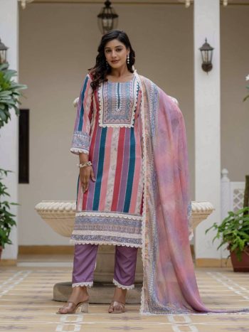FANCY RAYON SLUB DIGITAL PRINTED COTTON LACE WORK TOP BOTTOM WITH DUPATTA PURPLE