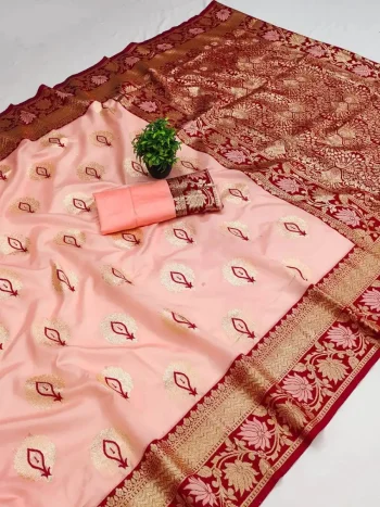 LATEST BANARASI SILK FLOWERS AND MINA & ZARI WEAVING RICH PALLU WITH UNIQUE BORDER WORK SAREE WITH UNSTITCHED BLOUSE PEACH AND MAROON