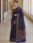 LATEST LICHI SILK JACQUARD WORK SAREE WITH UNSTITCHED BLOUSE NAVY BLUE