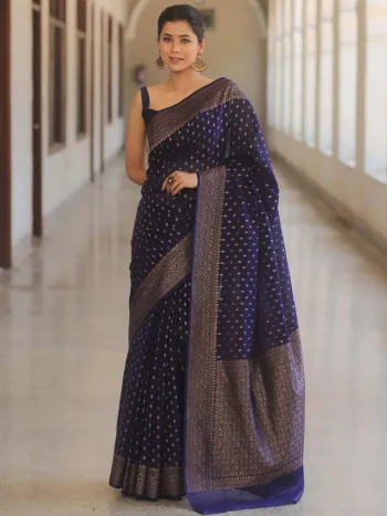 LATEST LICHI SILK JACQUARD WORK SAREE WITH UNSTITCHED BLOUSE NAVY BLUE