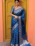 LATEST LICHI SILK JACQUARD WORK SAREE WITH UNSTITCHED BLOUSE BLUE