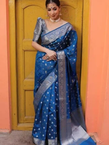 LATEST LICHI SILK JACQUARD WORK SAREE WITH UNSTITCHED BLOUSE BLUE