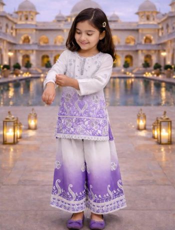LATEST NATURAL CREPE EMBROIDERY SEQUENCE WORK WITH DIGITAL PRINT WORK KID'S TOP PALAZZO WITH DUPATTA PURPLE