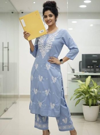 LATEST RAYON COTTON CHIKANKARI WORK KURTI PALAZZO SET GREY