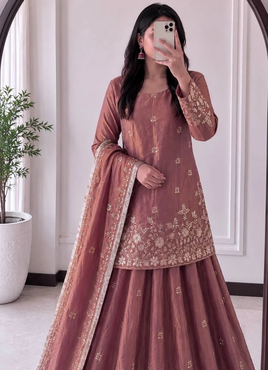 1MODERN 2 TONE FENDY SILK EMBROIDERY SEQUENCE WORK TOP LEHENGA WITH DUPATTA WEDDING WEAR WHOLESALE PRICE ETHNIC GARMENT (22)