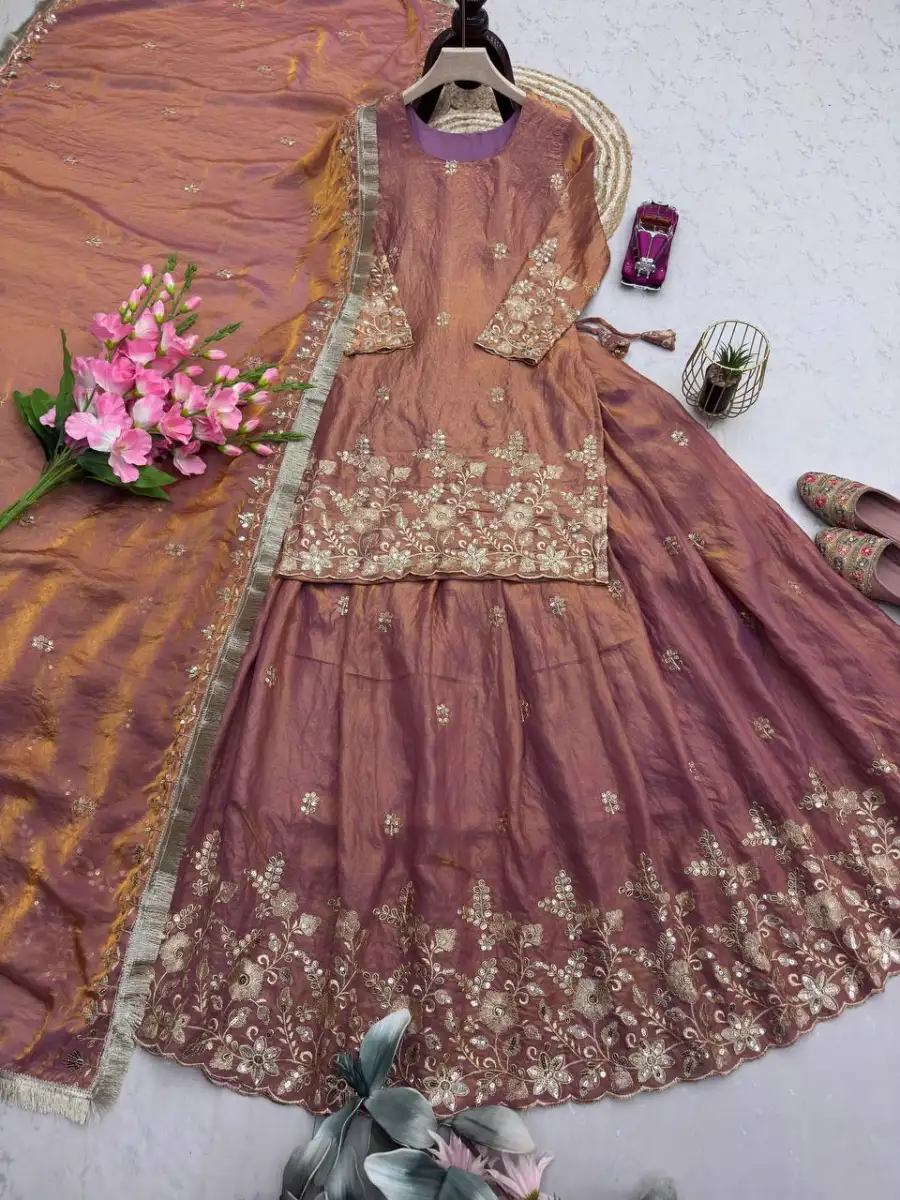 1MODERN 2 TONE FENDY SILK EMBROIDERY SEQUENCE WORK TOP LEHENGA WITH DUPATTA WEDDING WEAR WHOLESALE PRICE ETHNIC GARMENT (23)