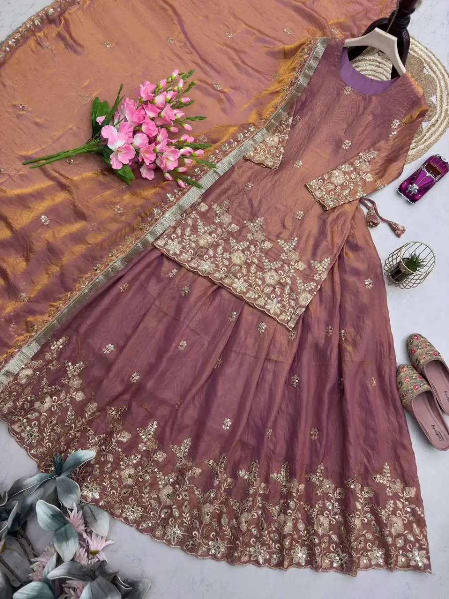 1MODERN 2 TONE FENDY SILK EMBROIDERY SEQUENCE WORK TOP LEHENGA WITH DUPATTA WEDDING WEAR WHOLESALE PRICE ETHNIC GARMENT (25)