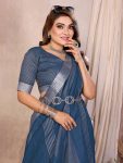MODERN COTTON LINEN WEAVING WITH EXTRA WORK ZALAR SAREE WITH UNSTITCHED BLOUSE TEAL