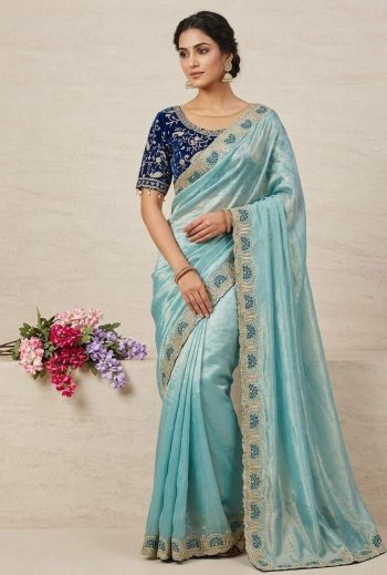 MODERN FENDY SATIN SILK SEQUENCE AND ZARI EMBROIDERY WITH CUTWORK BORDER SAREE WITH STITCHED BLOUSE SKY