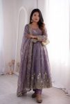 MODERN FENDY SILK EMBROIDERY  SEQUENCE WORK GOWN BOTTOM WITH DUPATTA LAVENDER