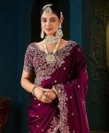 MODERN FENDY SILK EMBROIDERY WORK CUT WORK SAREE WITH UNSTITCHED BLOUSE WINE
