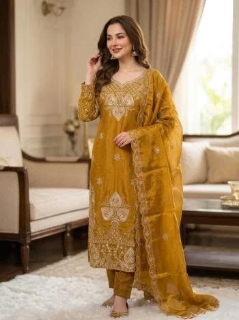 MODERN GMY SILK EMBROIDERY SEQUENCE WORK TOP BOTTOM WITH DUPATTA YELLOW
