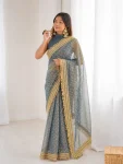 MODERN JACQUARD BUTTI SILK FANCY LACE BORDER WORK SAREE WITH UNSTITCHED BLOUSE GREY