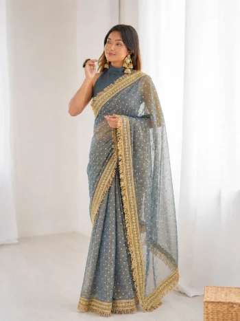 MODERN JACQUARD BUTTI SILK FANCY LACE BORDER WORK SAREE WITH UNSTITCHED BLOUSE GREY