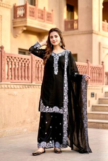 MODERN MUL CHANDERI EMBROIDERY SEQUENCE WORK TOP PALAZZO WITH DUPATTA BLACK