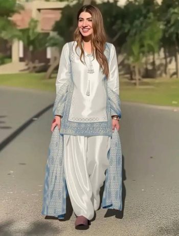 MODERN NATURAL CREPE SILK EMBROIDERY  CODING SEQUENCE WORK WITH FANCY LACE AND LATKAN WORK TOP PATIYALA WITH DUPATTA SKY