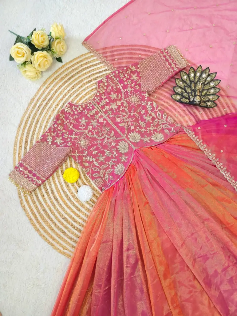 1MODERN TISSUE SILK ZARI & SEQUENCE EMBROIDERY WORK GOWN WITH DUPATTA FESTIVE WEAR WHOLESALE PRICE ETHNIC GARMENT (5)