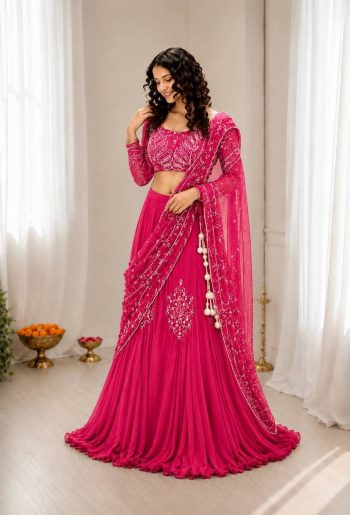 NEW ARRIVAL CHINON SILK EMBROIDERY SEQUENCE WORK LEHENGA SAREE WITH STITCHED BLOUSE ATTACHED PALLU PINK