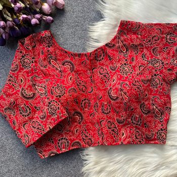 NEW ARRIVAL COTTON AJRAKH PRINT WORK STITCHED BLOUSE RED