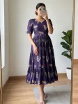 NEW ARRIVAL COTTON PRINTED WORK ONE PIECE DRESS PURPLE