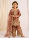 NEW ARRIVAL GMY SILK EMBROIDERY SEQUENCE WORK KID'S TOP PALAZZO WITH DUPATTA PEACH