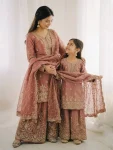 NEW ARRIVAL GMY SILK EMBROIDERY SEQUENCE WORK MOTHDER DAUGHTER SET PEACH