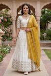 RICH LOOK CHINON EMBROIDERY PIPE VAL AND SEQUENCE WORK LEHENGA CHOLI WITH DUPATTA OFF WHITE AND YELLOW