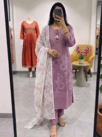RICH LOOK COTTON PRINT WITH MIRROR WORK TOP BOTTOM WITH DUPATTA LAVENDER