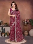 RICH LOOK GEORGETTE BANDHEJ PRINT & EMBROIDERY WITH CUTWORK BORDER SAREE WITH UNSTITCHED BLOUSE WINE