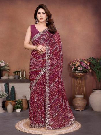 RICH LOOK GEORGETTE BANDHEJ PRINT & EMBROIDERY WITH CUTWORK BORDER SAREE WITH UNSTITCHED BLOUSE WINE