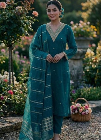 RICH LOOK SLUB COTTON CUT PASTE EMBROIDERY WORK TOP BOTTOM WITH DUPATTA RAMA