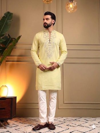 RICH LOOK STAR SILK EMBROIDERY SEQUENCE WORK MENS KURTA PAYJAMA SET YELLOW