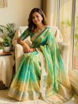 RICH LOOK TISSUE SILK TWO TONE SHADED WITH FANCY LACE BORDER WORK SAREE WITH UNSTITCHED BLOUSE GREEN