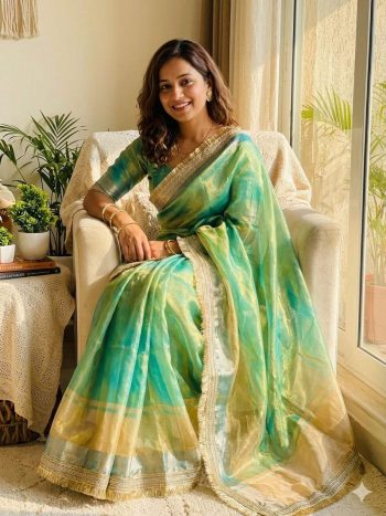 RICH LOOK TISSUE SILK TWO TONE SHADED WITH FANCY LACE BORDER WORK SAREE WITH UNSTITCHED BLOUSE GREEN